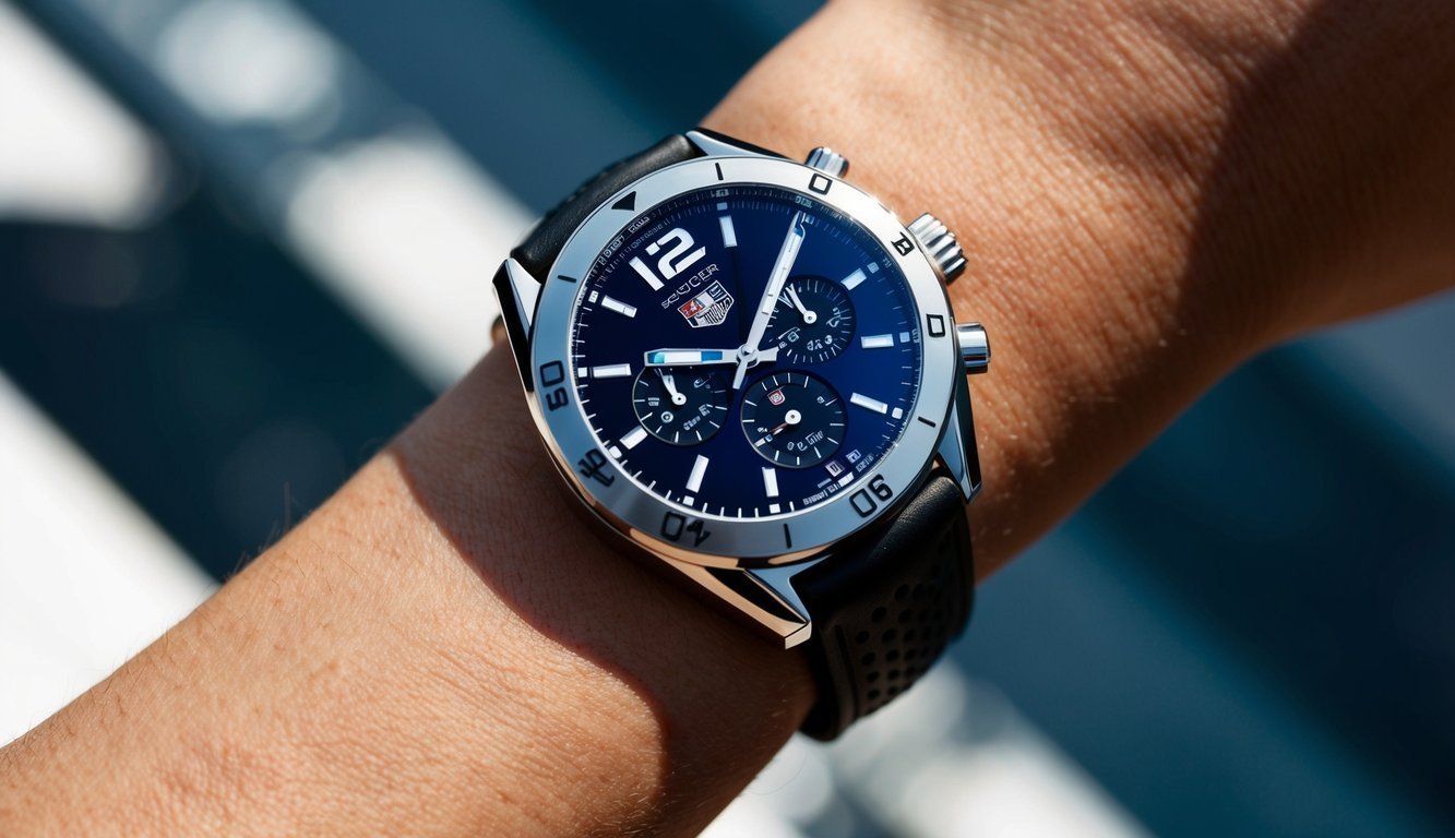 Close-up of a luxury watch with a blue face on a wrist