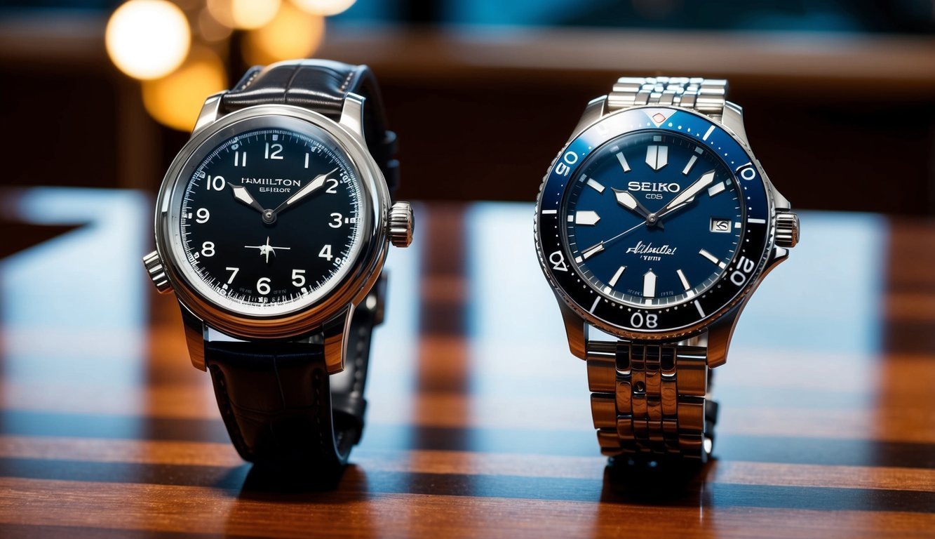 Two wristwatches: Hamilton with black strap and Seiko with blue face and metal band