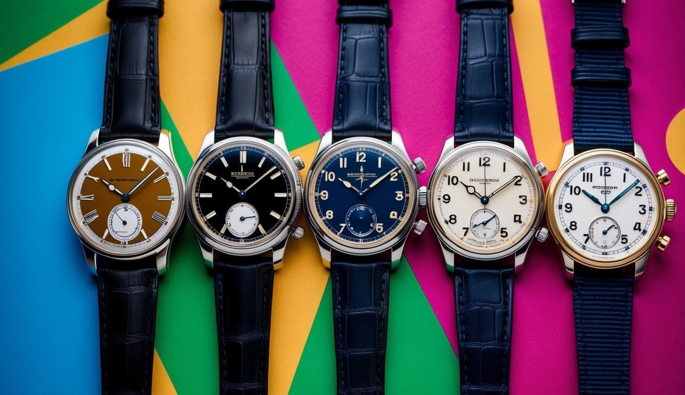 Five elegant wristwatches with leather straps, displayed on a colorful background