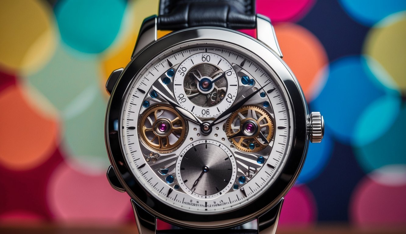 Close-up of a luxury watch with exposed gears and a colorful background