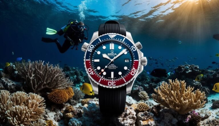 Diver and watch underwater, coral reef, fish, and sunlight