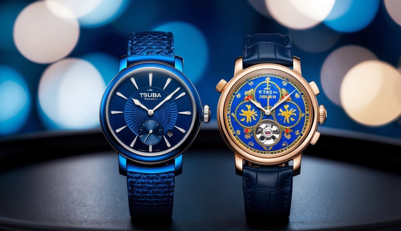 Two luxury watches with blue and gold faces, leather straps