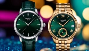Two Tissot watches with green faces, one silver and one gold