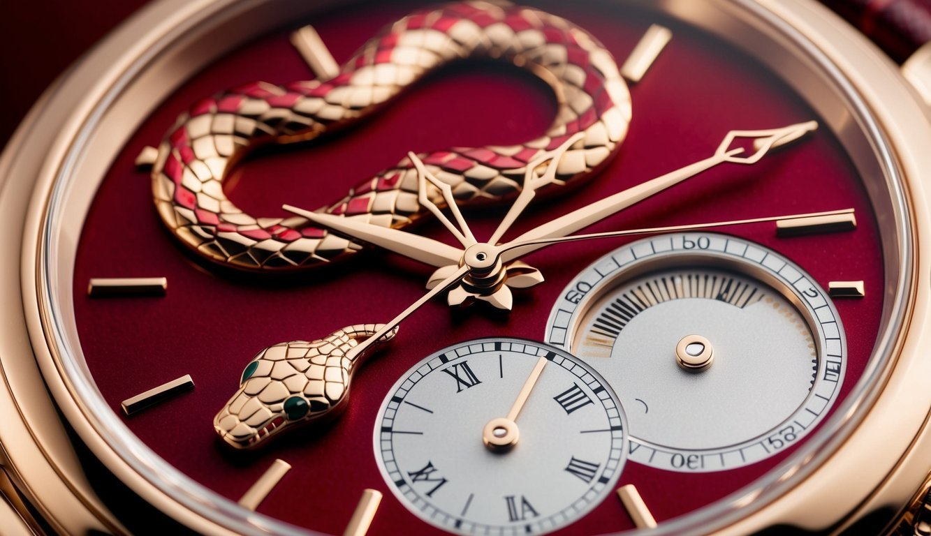 Luxury wristwatch with a snake design on a red face