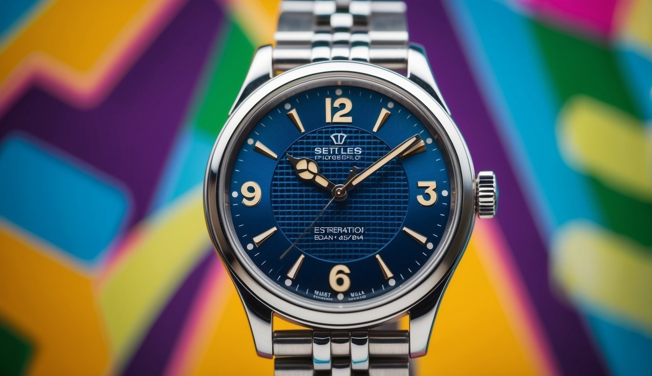 Close-up of a blue-faced wristwatch with gold hands and numbers on colorful background