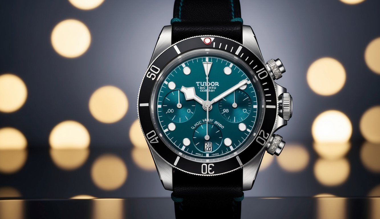 Tudor watch with teal face, black bezel, and black leather strap