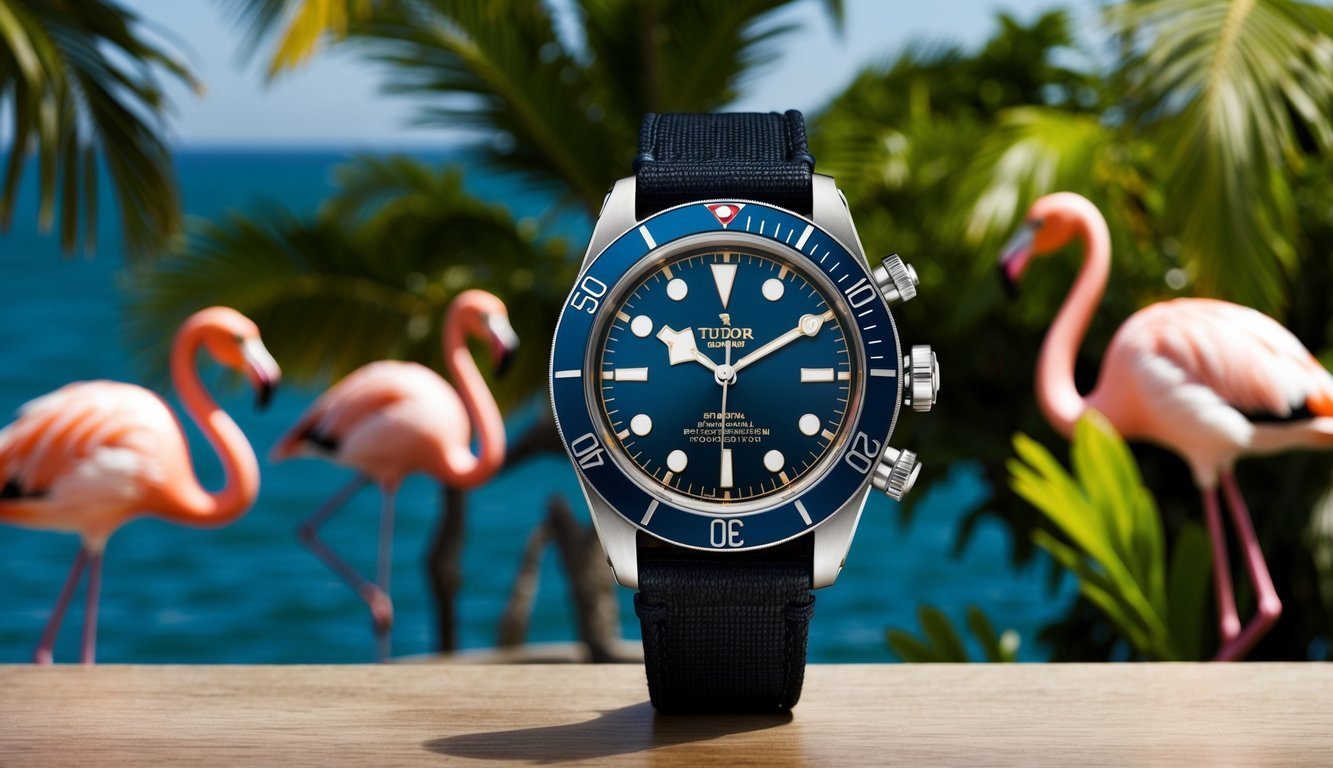 Tudor watch with blue face, flamingos, and tropical background
