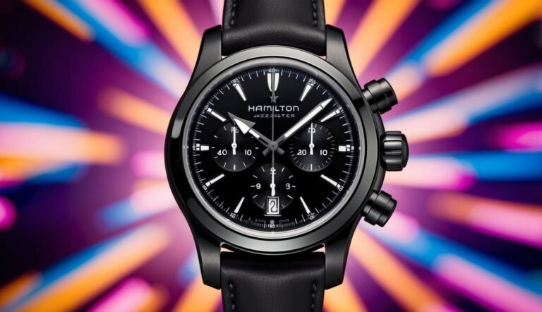 Black Hamilton Jazzmaster watch with chronograph dials and leather strap