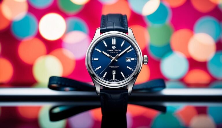 Close-up of a blue-faced wristwatch with a leather strap, against bokeh lights