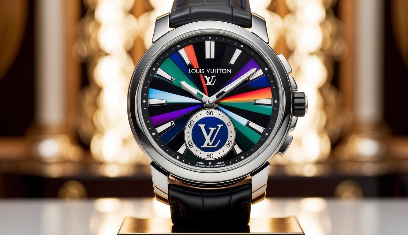 Louis Vuitton watch with a colorful dial and black leather strap