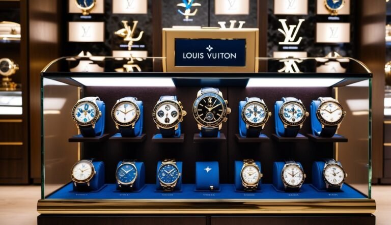 Louis Vuitton watches displayed in a glass case in a luxury store