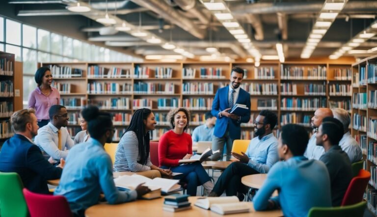 Diverse group of people in a library, discussing books and ideas