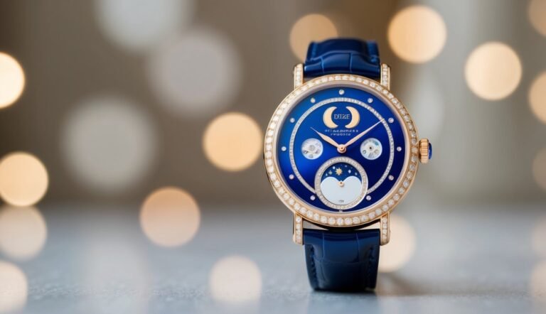 Luxury blue and gold wristwatch with diamond accents and moon phase display