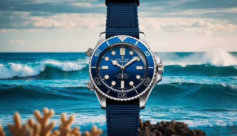 Blue dive watch with ocean background and coral in the foreground