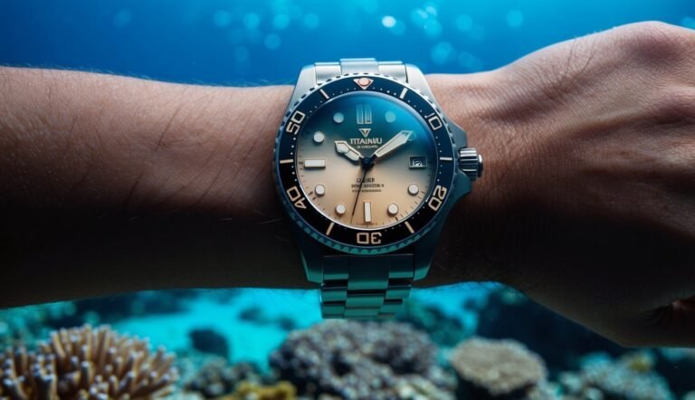 Wrist with a silver dive watch underwater, coral reef in background