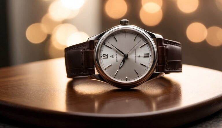 Silver wristwatch with brown leather strap on a wooden surface