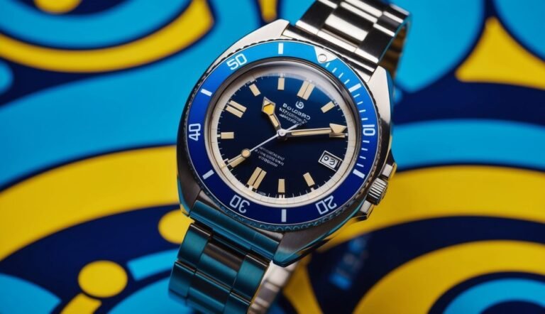 Close-up of a blue and silver wristwatch with a blue bezel