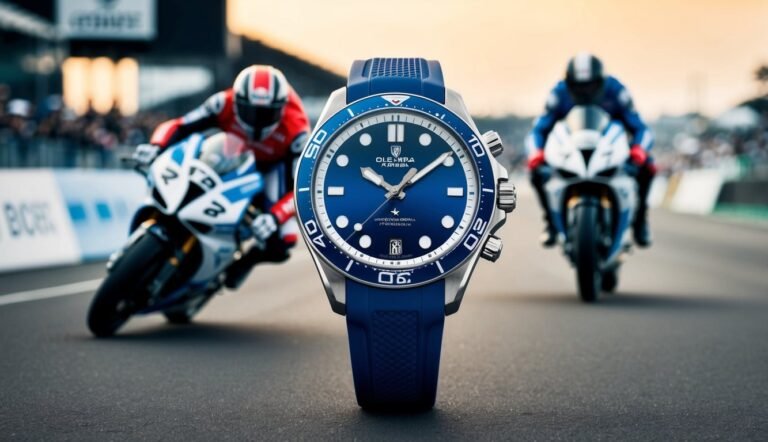 Blue watch with motorcycles racing on a track in the background