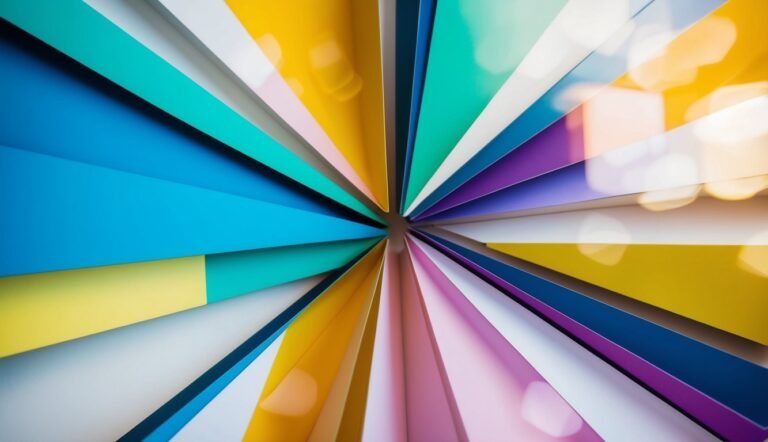 Colorful paper sheets radiating from a center point, creating a starburst pattern