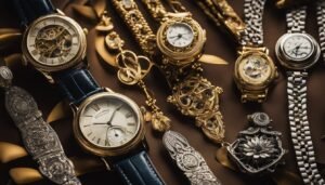 Close-up of several ornate gold and silver wristwatches on a brown surface