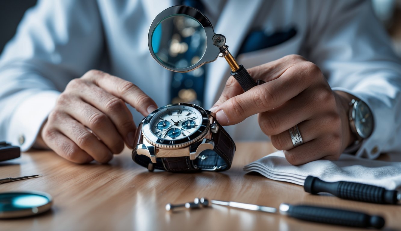 Close-up of hands examining a luxury wristwatch with a loupe on a wooden table with watchmaking tools.