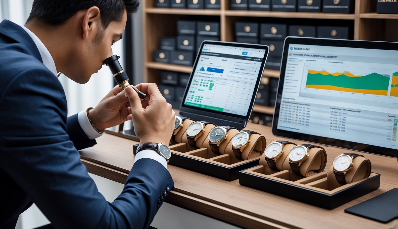 A watch dealer inspecting luxury wristwatches on a desk with watch boxes and a digital device showing inventory management, surrounded by shelves of watch packaging.