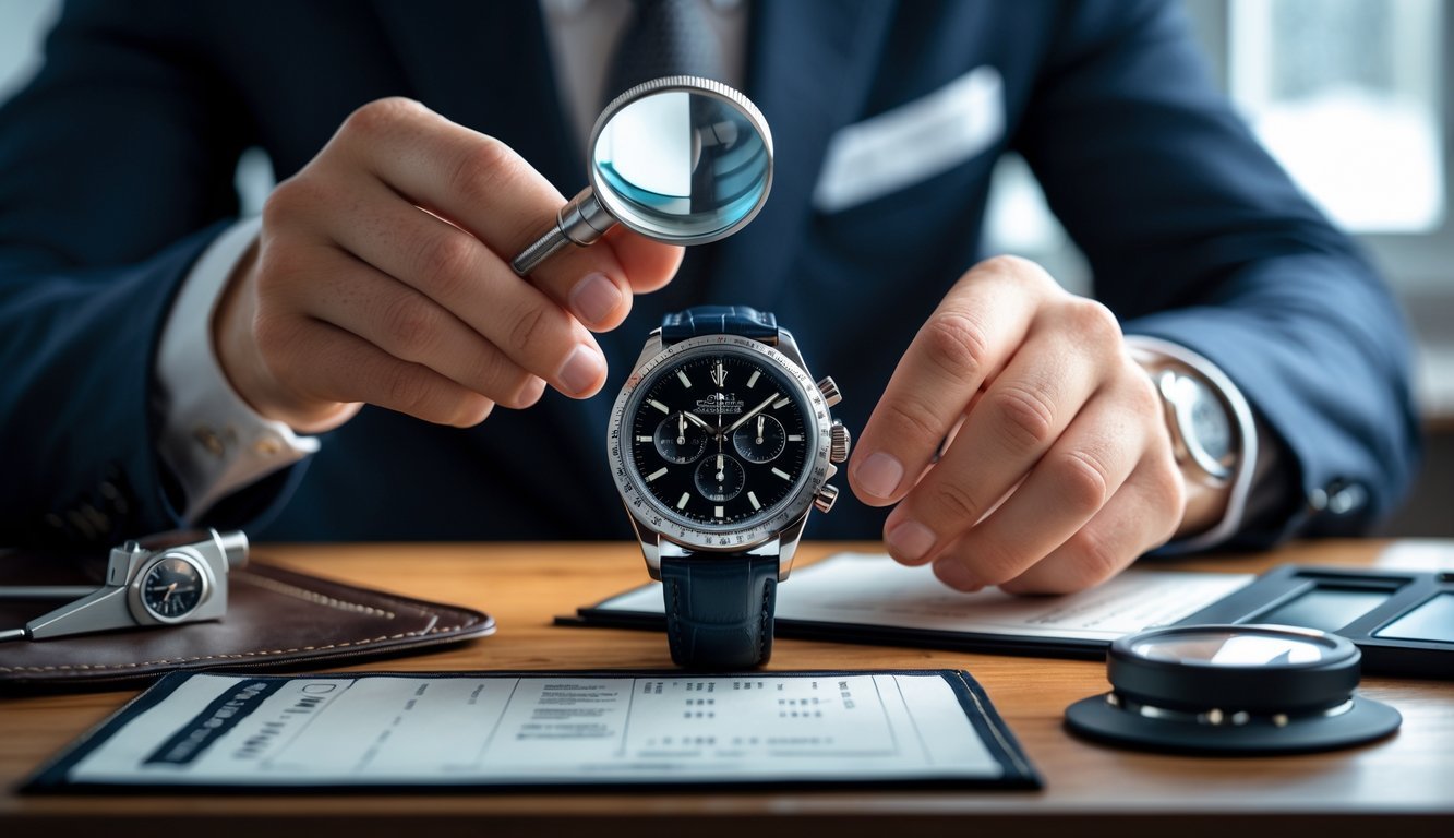 Person closely examining a luxury wristwatch with a jeweler's loupe on a wooden table with authentication tools nearby.