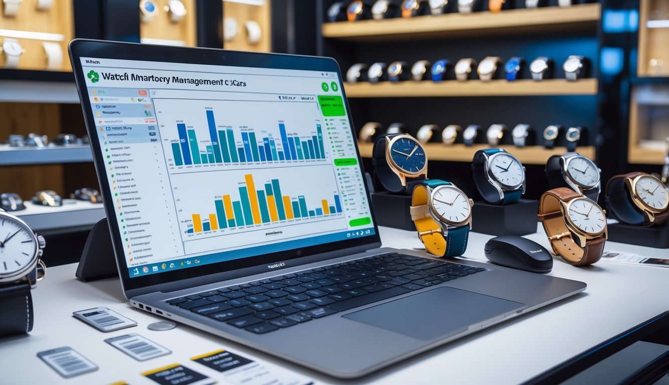 A workspace with a laptop showing inventory software, luxury wristwatches on a desk, and shelves with watch boxes in the background.