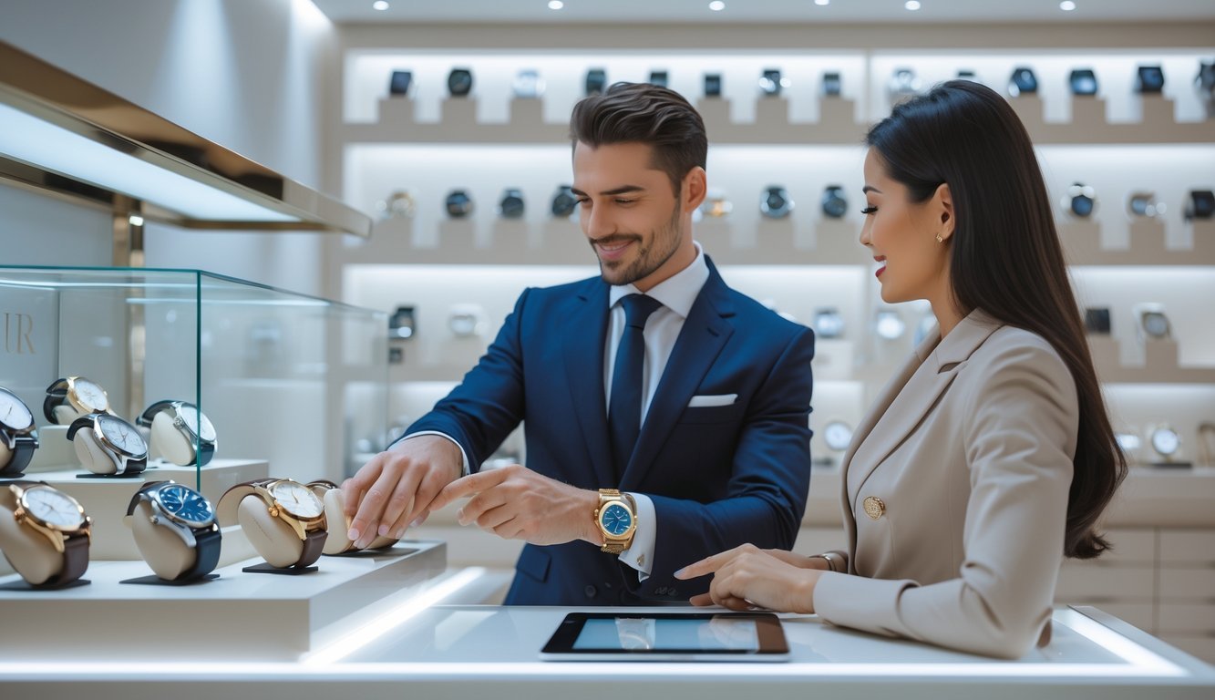 A customer and a store representative at a luxury watch boutique counter, with the customer holding a watch and the representative assisting.