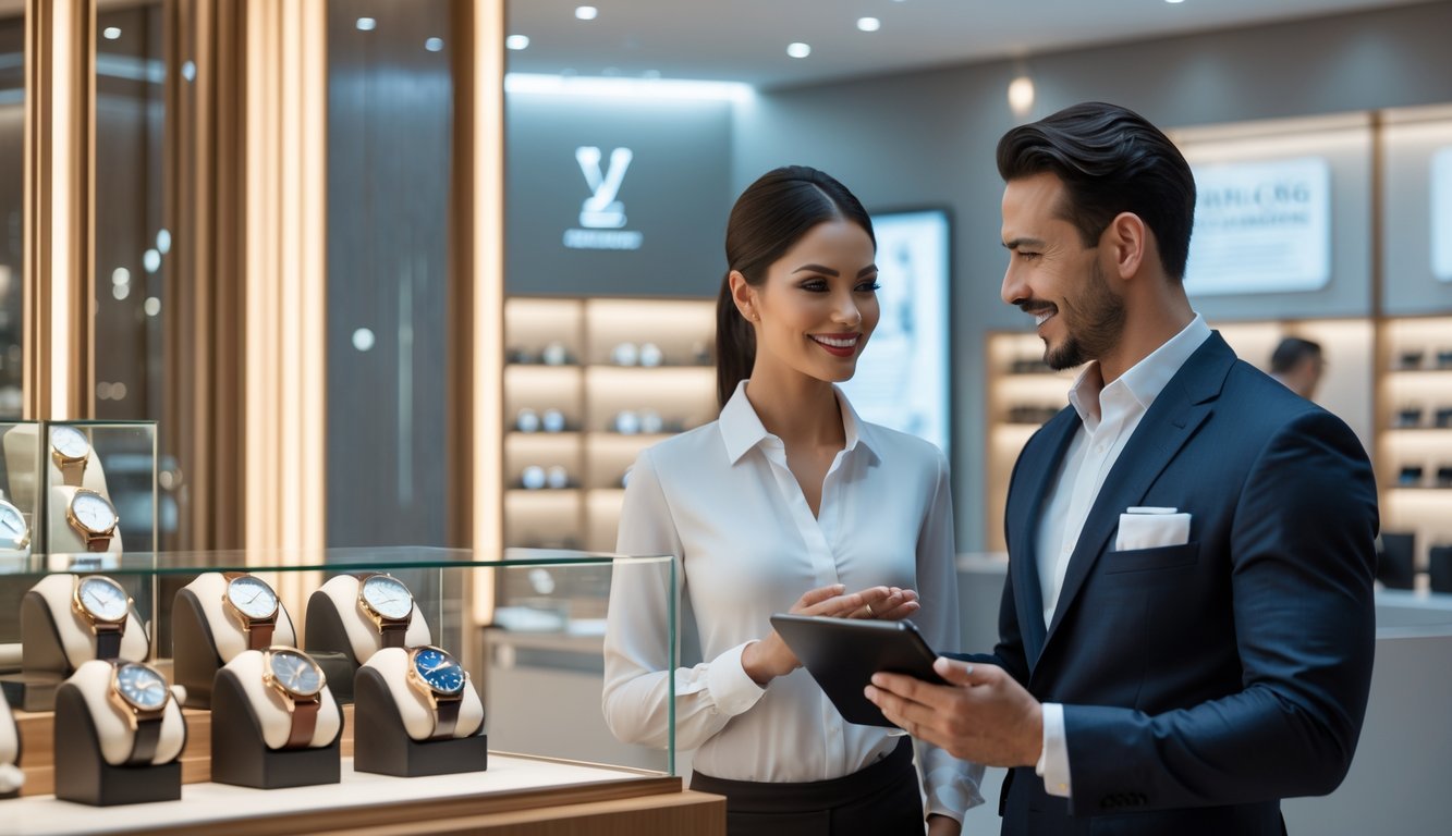 A customer and store associate discussing luxury watches in an elegant watch store with glass displays and warm lighting.