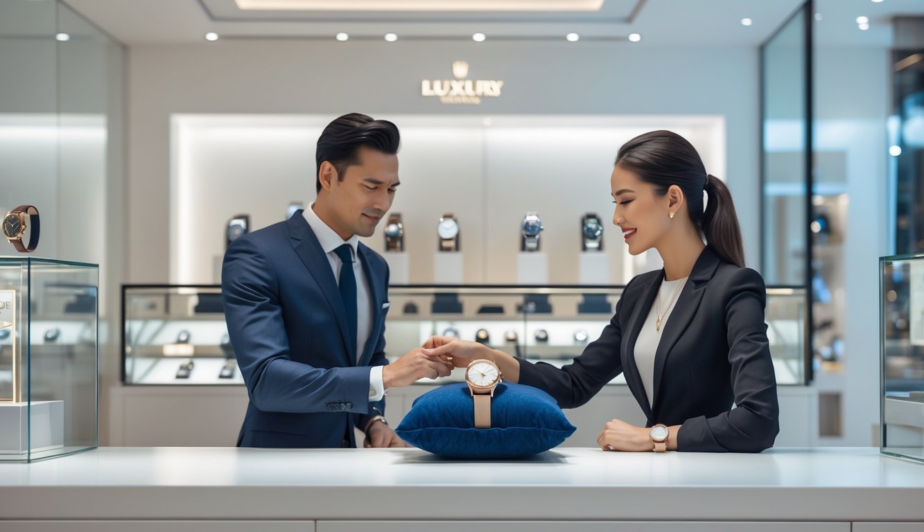 A customer service representative assisting a customer at a luxury watch store counter with watches displayed in the background.