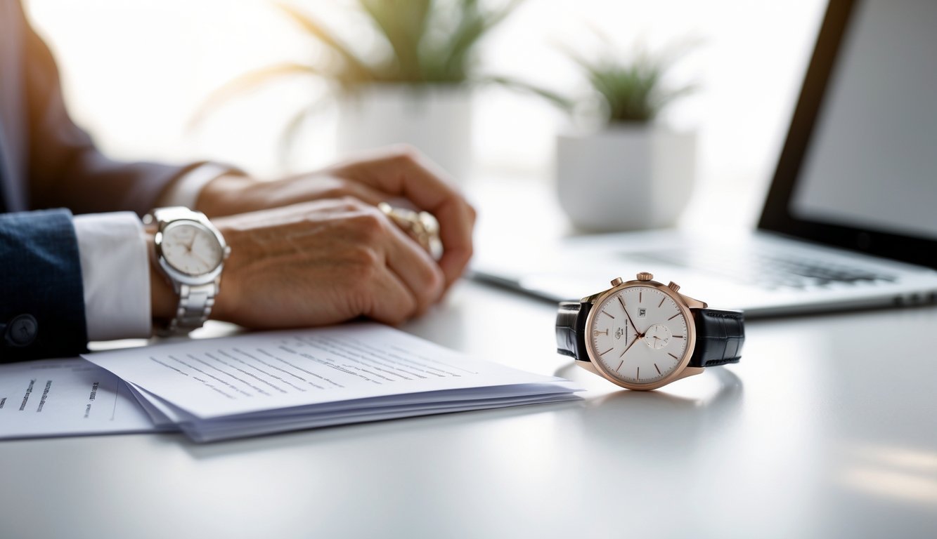 A luxury wristwatch on a white desk next to documents and a laptop, suggesting a return policy process.