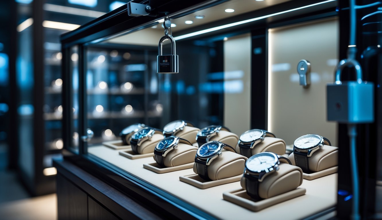 A glass watch case with several luxury wristwatches displayed inside, secured with a lock and subtle security features visible in the background.