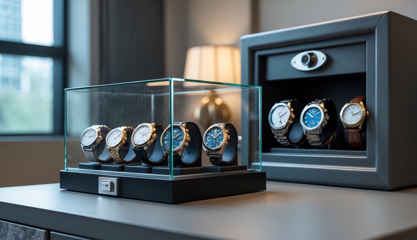 A glass display case with luxury watches secured by a digital lock and a nearby security camera, with a partially open safe showing more watches inside.