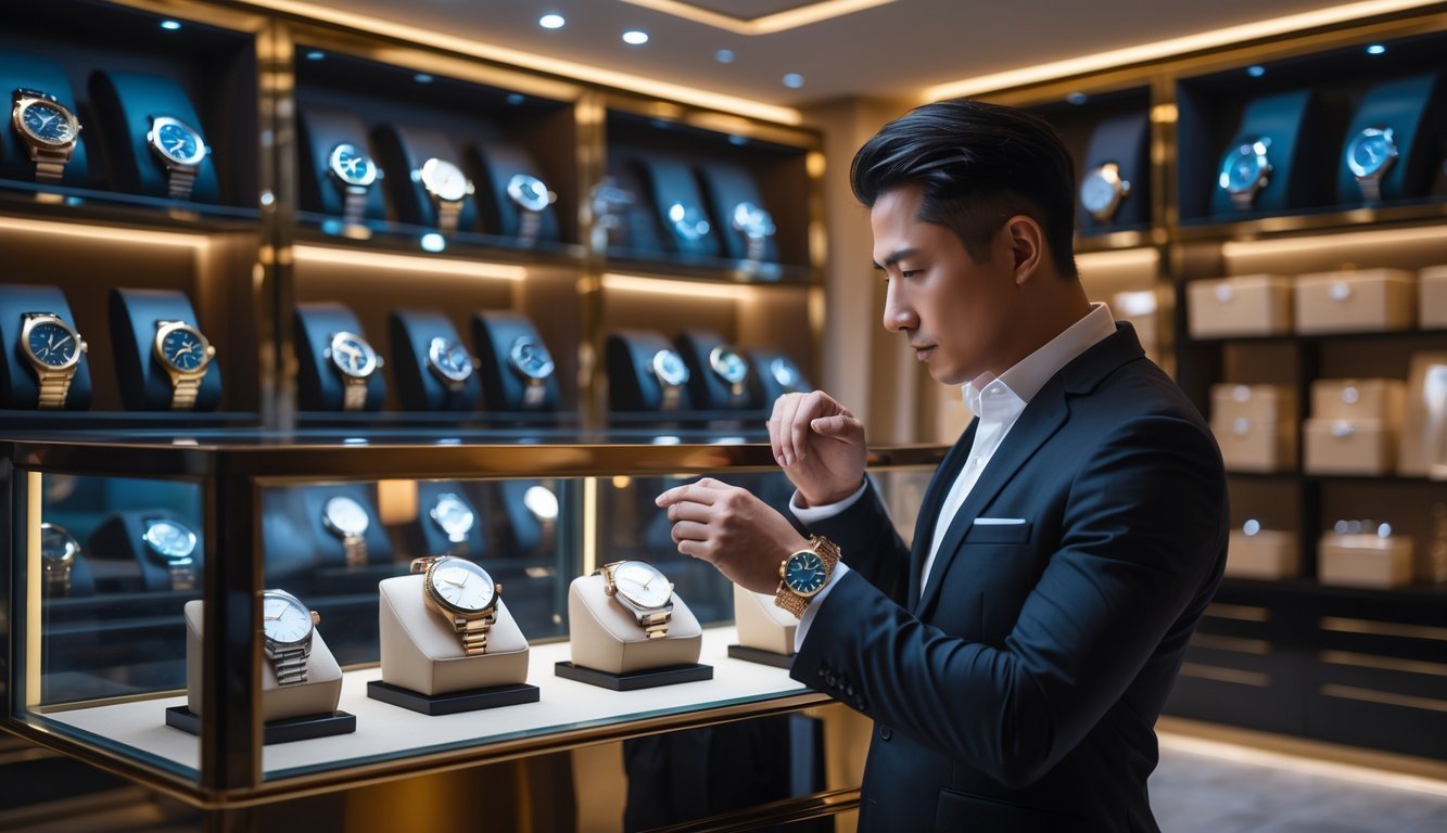 A person in business attire examining a luxury watch inside a high-end watch boutique with glass display cases filled with rare watches.