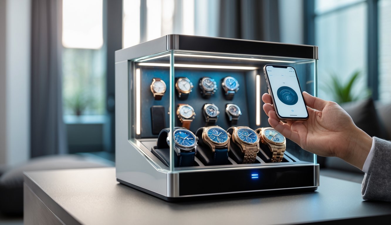 A secure watch display case with luxury watches inside and a person using a smartphone to control the security system.