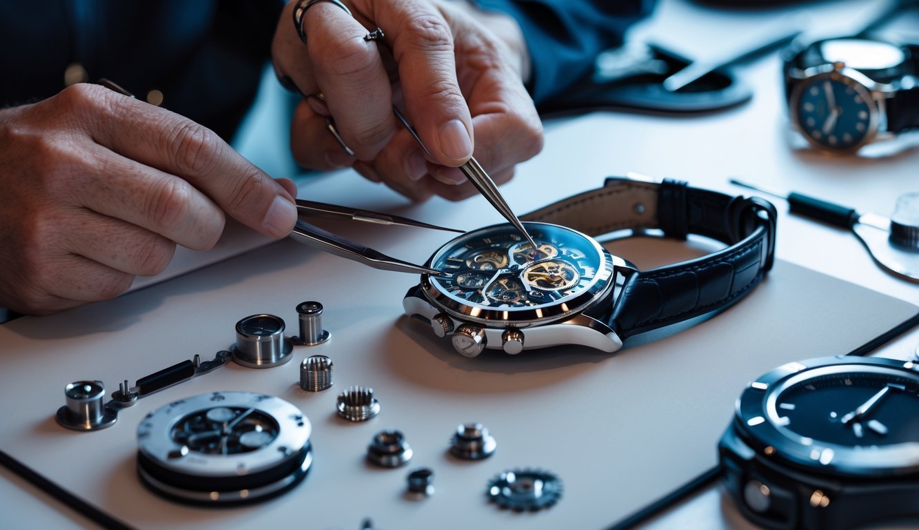 A close-up of a watchmaker's hands repairing a luxury wristwatch with precision tools on a workbench.