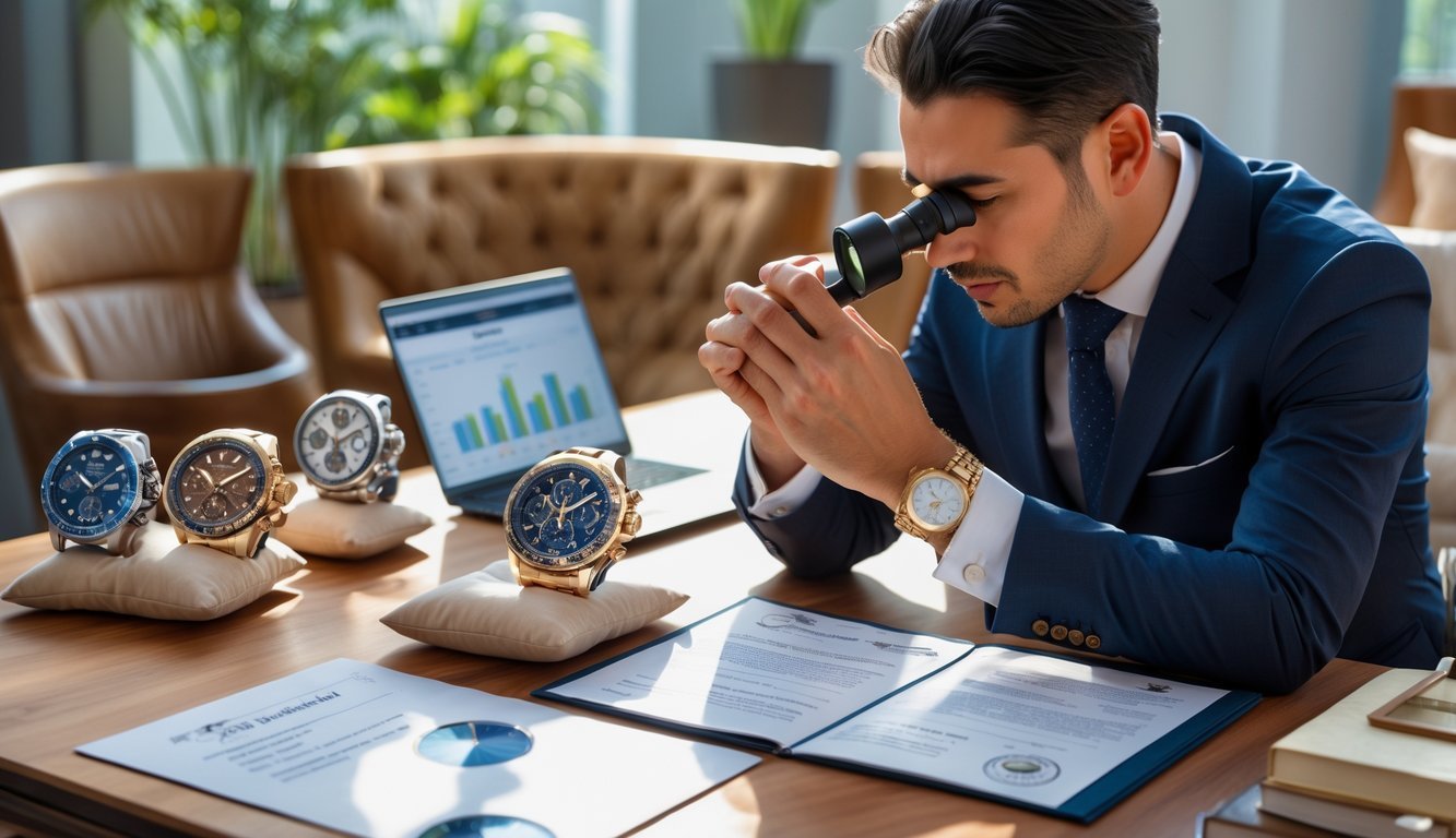 A person closely inspecting a luxury wristwatch at a table with several rare watches, reference books, and a laptop in a modern interior.