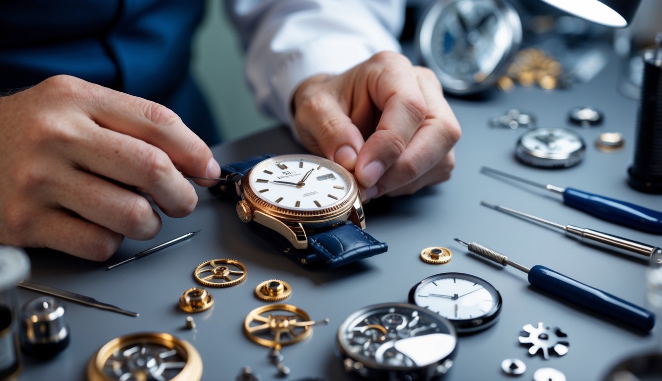 Close-up of a watchmaker repairing a luxury wristwatch with tools and small watch parts on a workbench.