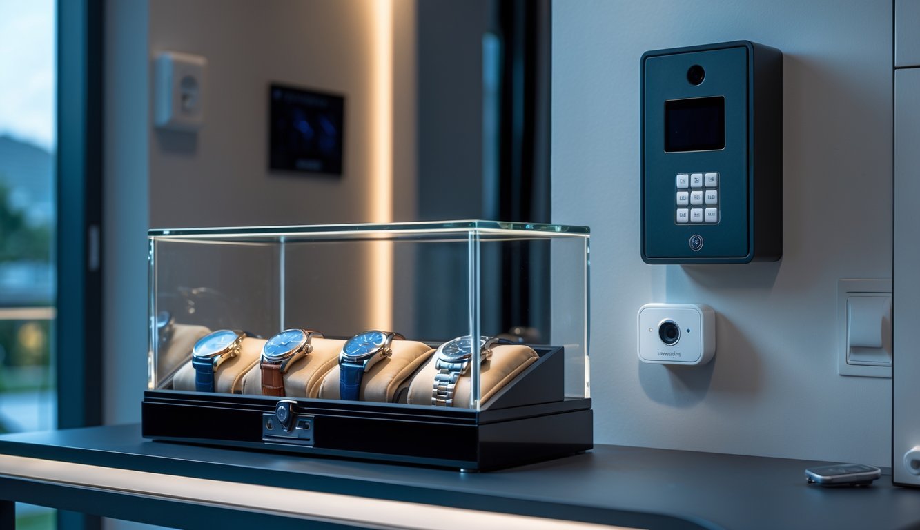 A glass display case with luxury watches inside and a security system panel mounted on the wall nearby.