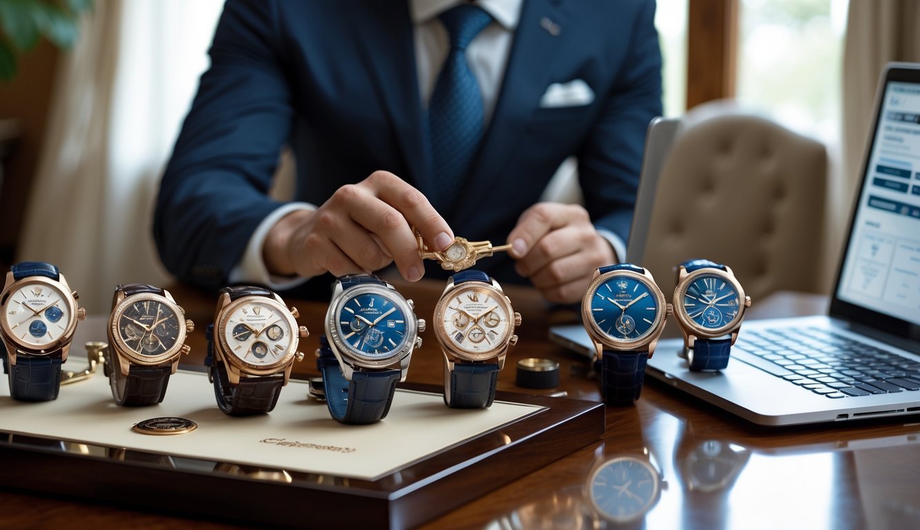 A person examining a collection of luxury watches on a wooden table with a magnifying glass and laptop nearby.