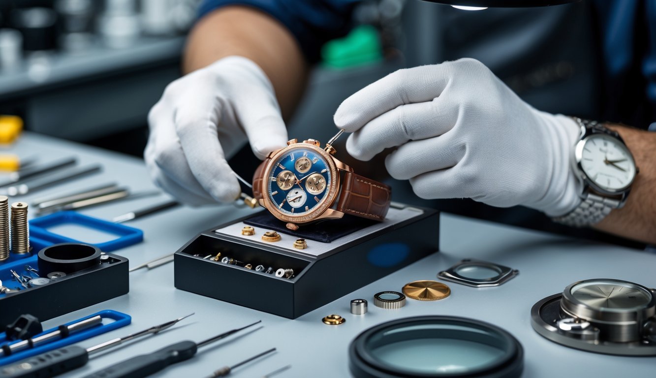 A watchmaker's hands repairing a luxury wristwatch on a workbench with precision tools and watch parts.