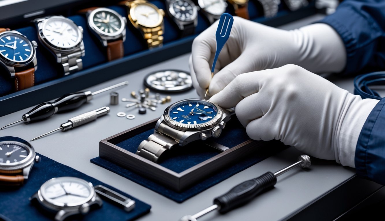 Close-up of a luxury wristwatch being carefully repaired on a workbench with watchmaker tools and small parts nearby.