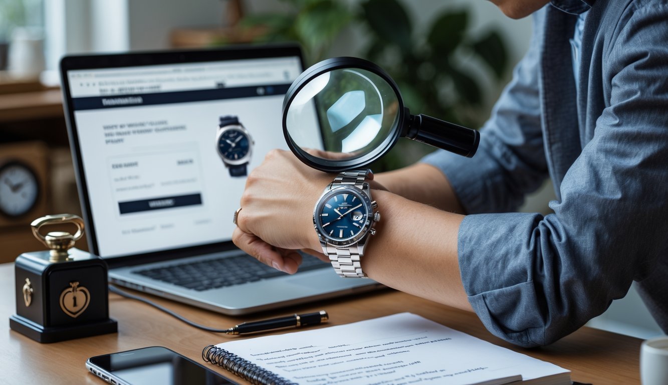 Person examining a wristwatch with a magnifying glass at a desk with a laptop, smartphone, and notes.