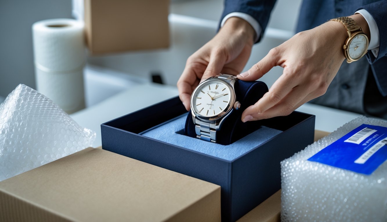 Hands placing a luxury wristwatch into a cushioned box inside a padded shipping box on a clean workspace.