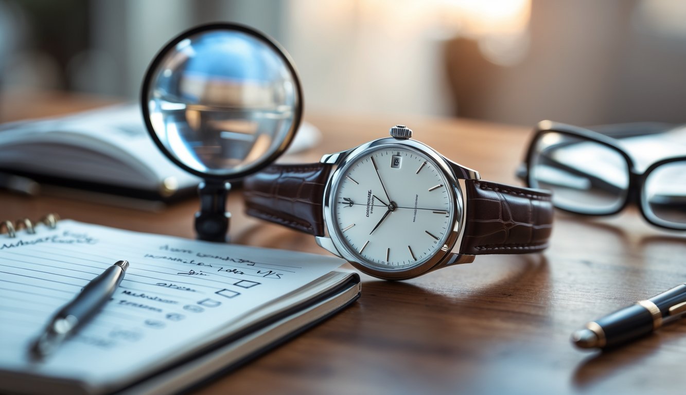 Close-up of a luxury wristwatch on a wooden table surrounded by a magnifying glass, notebook with notes, pen, and reading glasses.