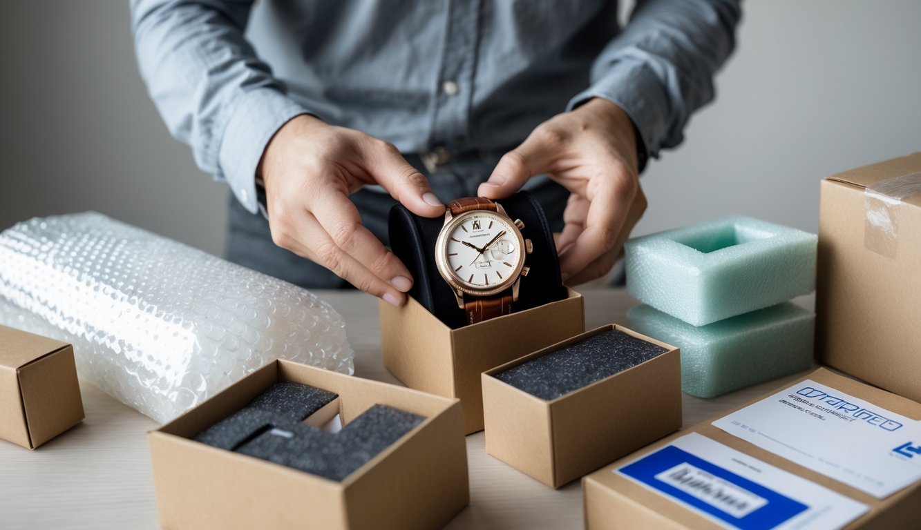 A person carefully packing a luxury wristwatch into a cushioned watch box with protective materials and shipping supplies on a table.