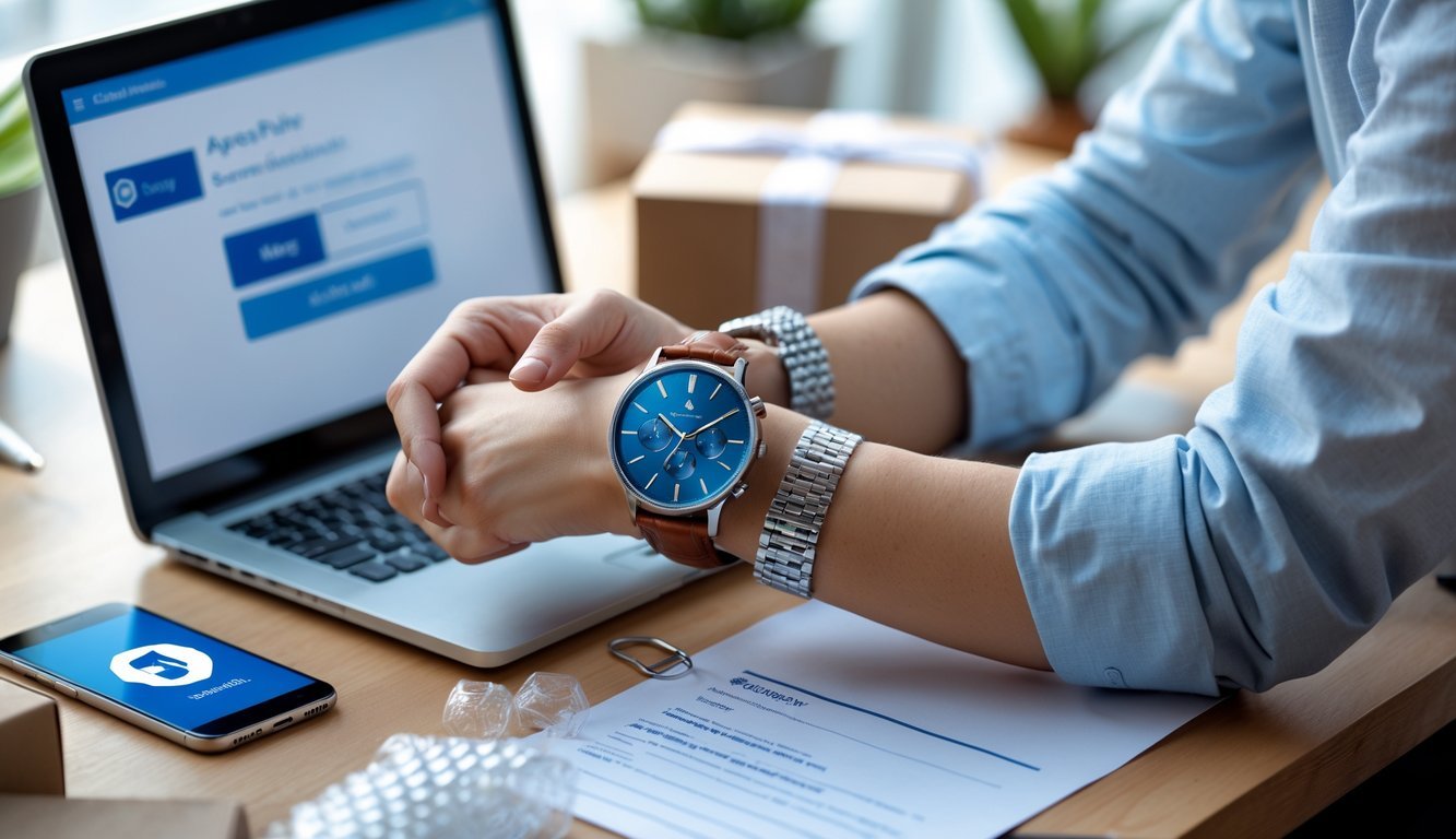 Hands holding a luxury wristwatch next to a laptop showing a secure payment screen and a smartphone with a security notification on a desk with packing materials.