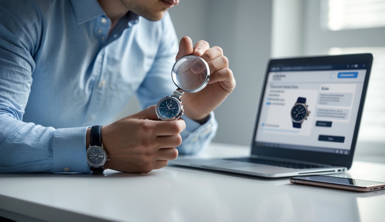 A person inspecting a wristwatch closely at a desk with a laptop and smartphone nearby.