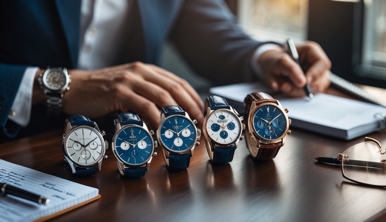 A person examining several luxury watches arranged on a wooden table with a notebook and pen nearby.